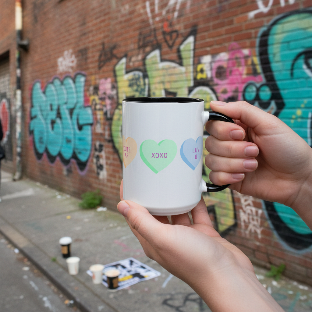 Valentine Conversation Hearts Accent Coffee Mug — Pastel XOXO, Be Mine, LUV U Design